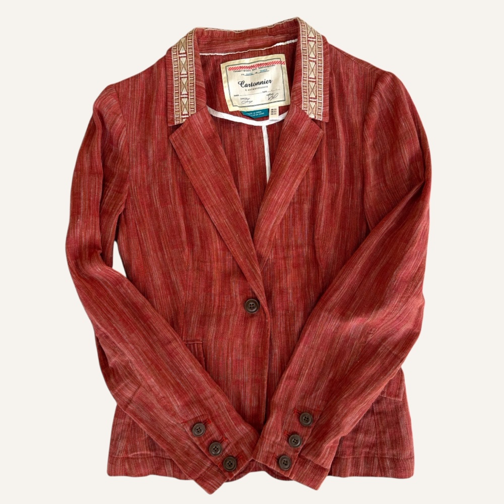 Cartonnier  Anthropologie Women's Orange linen ‎ Blazer with Aztec Trim